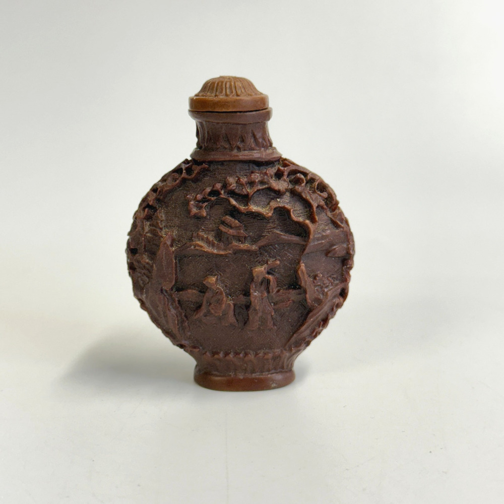 Vintage Asian Chinese Carved Cinnabar? Resin Landscape Brown Snuff Bottle 2.25"